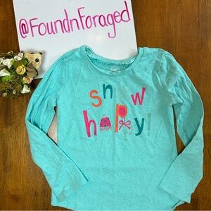 Girls Long Sleeve “Snow Happy!” Winter Graphic Tee |Turquoise Speckle (6–6X)
